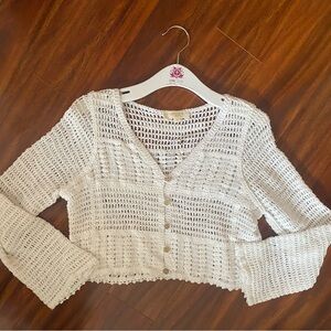 Rebellion Cream Crochet cropped Cardigan bell sleeves button down 100% cotton